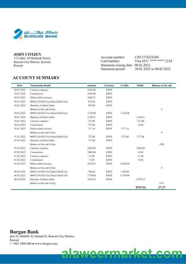 Kuwait Burgan Bank statement